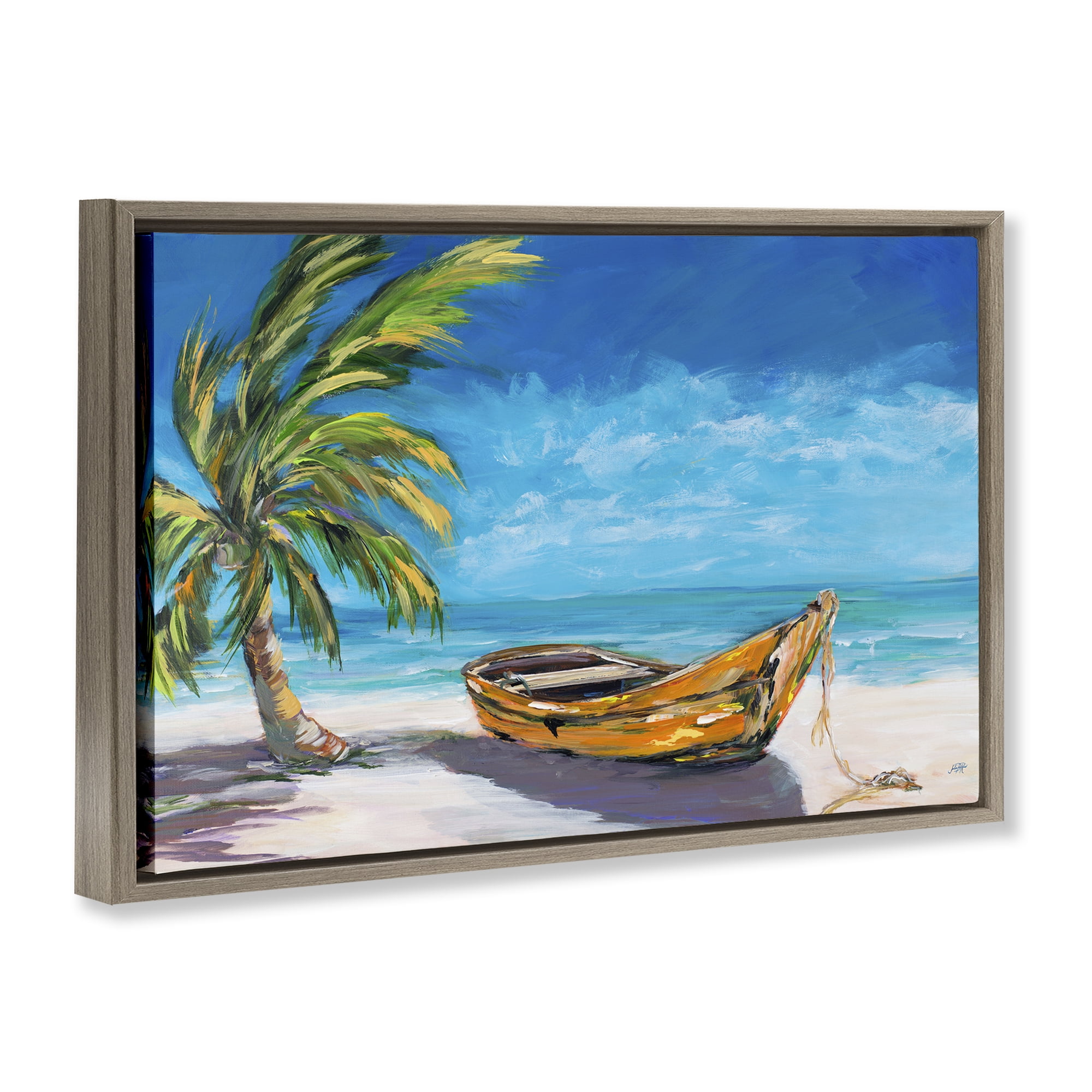 Stupell Industries Lost Island Palm & Boat Brown Framed Floater Canvas Wall Art, design by Julie DeRice