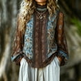 thumbnail image 3 of ClodeEU Women's High Neck Long Sleeve Boho Blouse,Casual Print Loose Fit Vintage Top Blue,Women's Plus M, 3 of 5