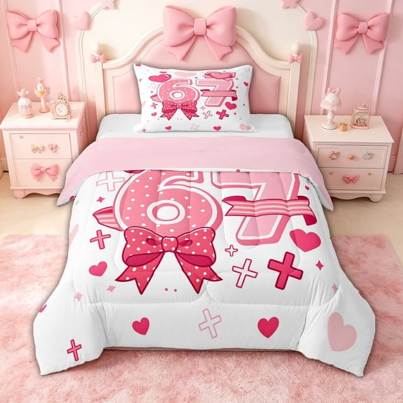 spefrowx Cute Number 67 Twin Comforter Sets for Girls, Pink Polka Dot Bow Heart Bedding Set, Pink Reversible, 2pcs, 1 Comforter and 1 Pillowcase