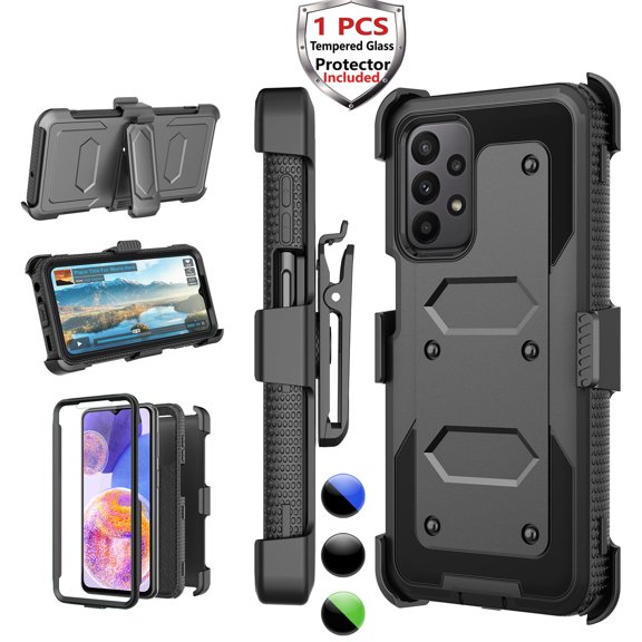 Njjex Phone Cases for Samsung Galaxy A23 5G 6.6", [Buit-in Temerped Glass Screen Protector] Combo Holster Belt Clip [Heavy Duty] [Kickstand] Full-Body Rugged Holster Case（Black)