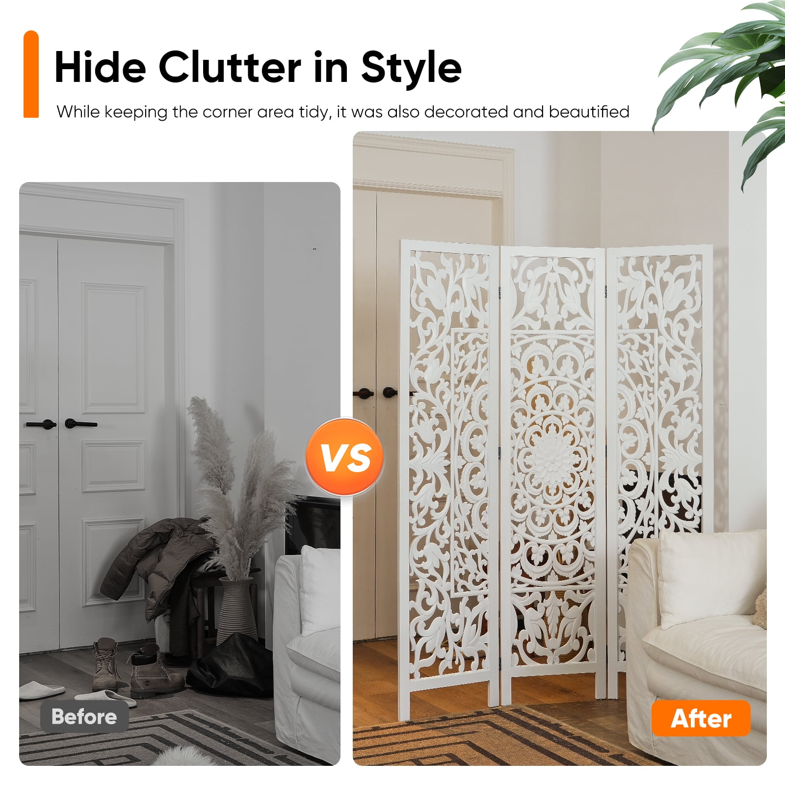 Jostyle 3 Panel Solid Wood Room Divider Privacy Screen - Freestanding Folding Partition with Openwork Design, Paulownia Wood Frame White, No Assembly for Living Room, Bedroom, Office