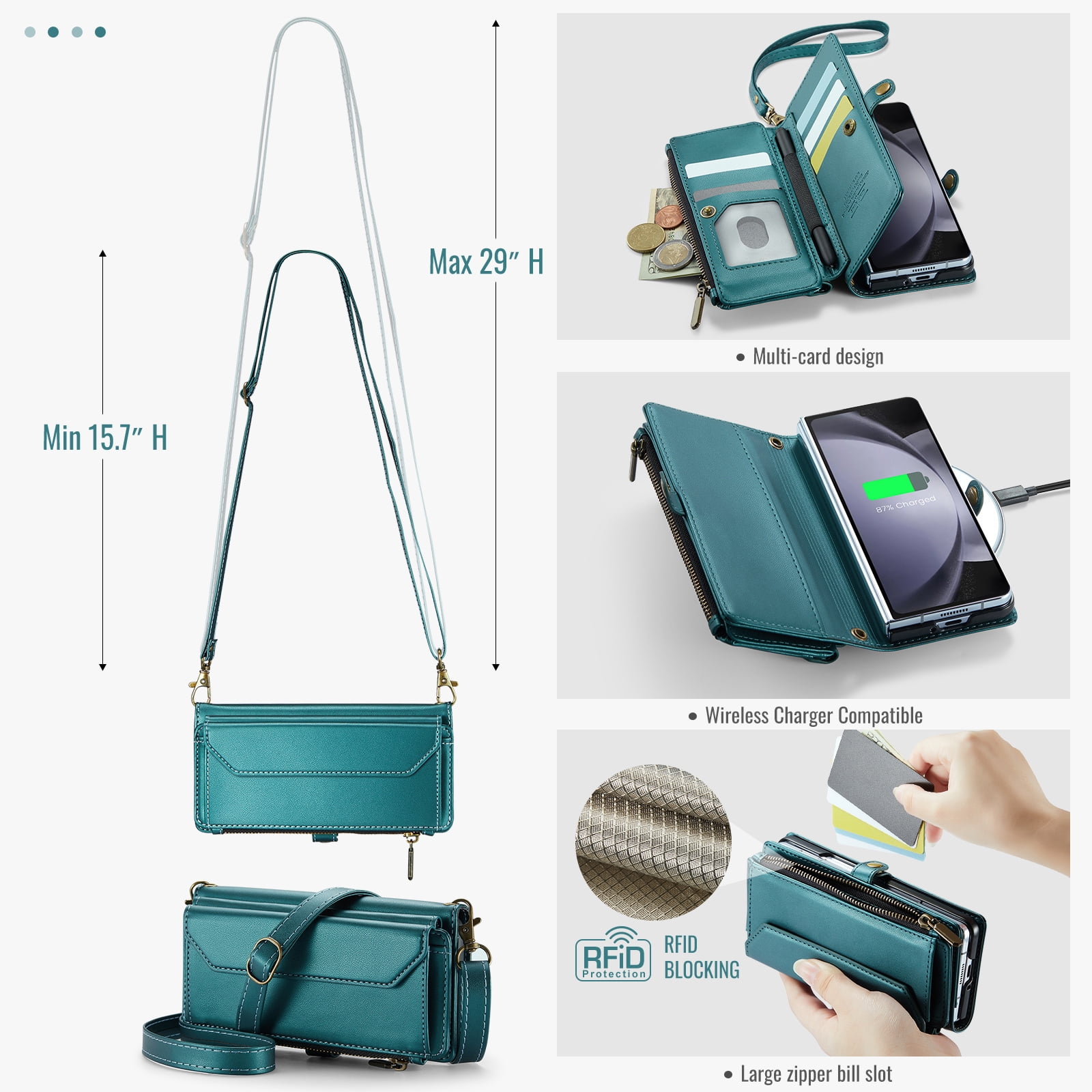Asuwish Compatible with Samsung Galaxy Z Fold 5 5G 2023 Zipper Wallet Phone Case With pen slot Crossbody Lanyard Strap Flip Card Holder Slot Cell Cover for ZFold5 Z5 G Fold5 5Z Women Girls Green