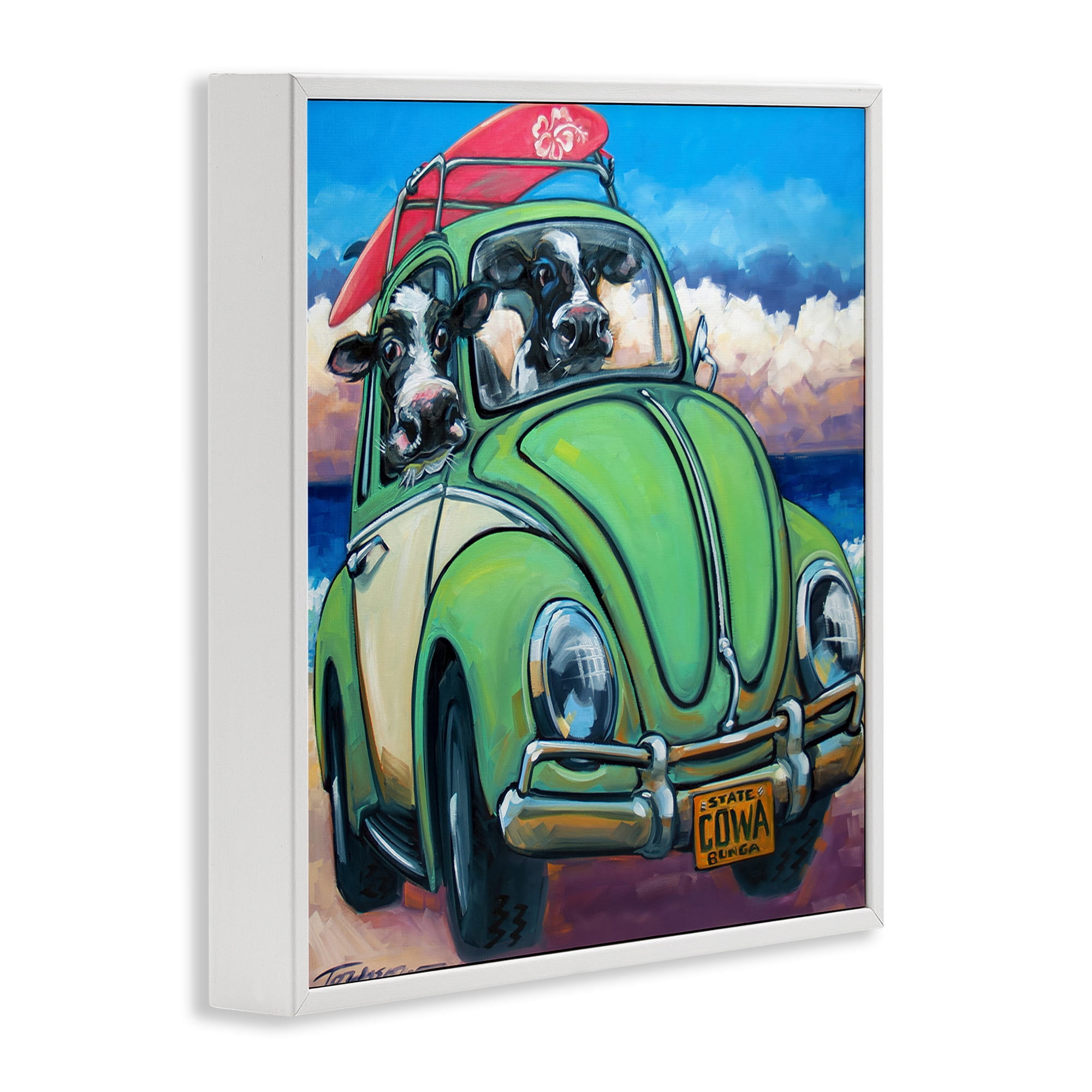 Stupell Industries Cowabunga Surfer Cows White Framed Giclee Art, design by CR Townsend