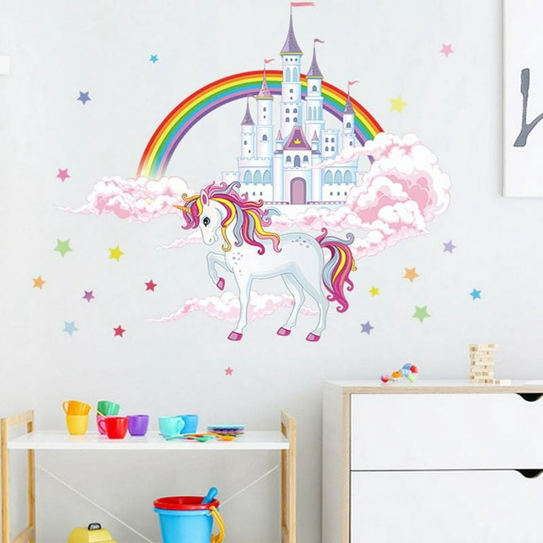 PWFE Pink Unicorn Castle Sticker Unicorn Wall Decals Pictures Boys Girls  Kids Room Decor Nursery Home Decor Christmas Gift(Pink) 