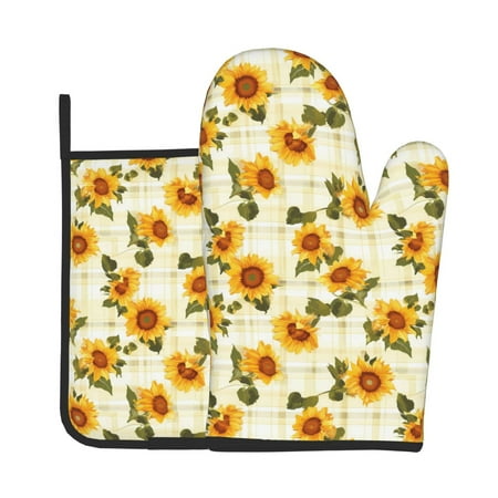 

Bingfone Light Green Plaid Sunflower Print Oven Mitts Pot Holders Set 2 PCS for Kitchen for Cooking Grilling Baking BBQ Pot Holders Cook Essentials