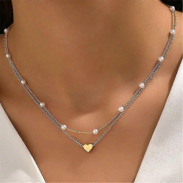 2024 2pcs Romantic Heart Pendants Necklace For Women Gold Silver Color Multilayered Oval Beads Chain Necklace Minimalism Female Jewelry--5-Product co 5