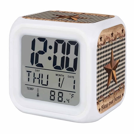 Alarm Clocks Barn Stars Berry Digital Clock 7 Color LED Night Light Silent Non-Ticking Battery Operated Farmhouses Rustic Wood Black Plaid Cube Clocks for Bedroom Bedside Living Room Office School