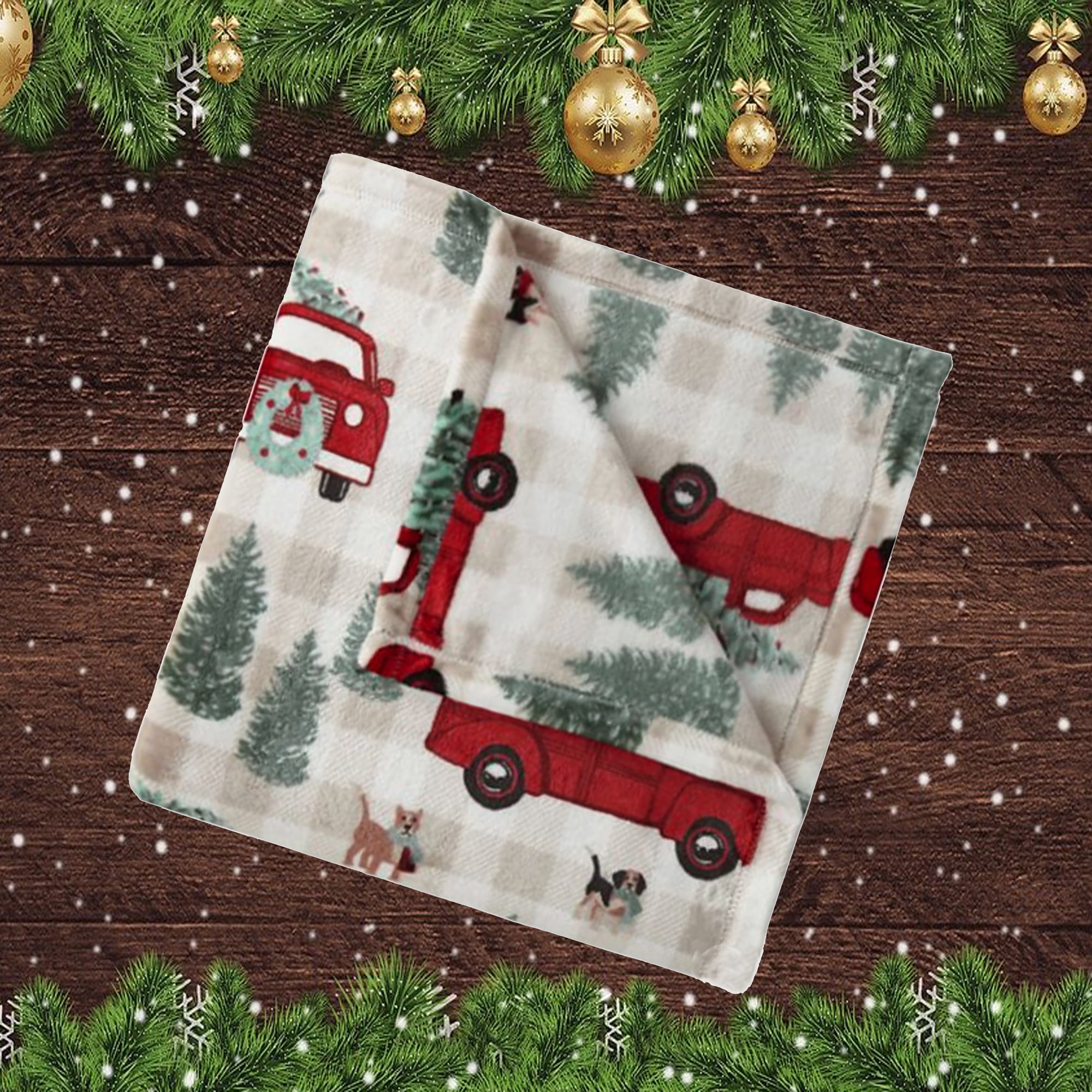 North Pole Trading  Red Truck Dogs Throw Blanket 50 x 60 inches Grey Buffalo Plaid Velvet Plush Adults