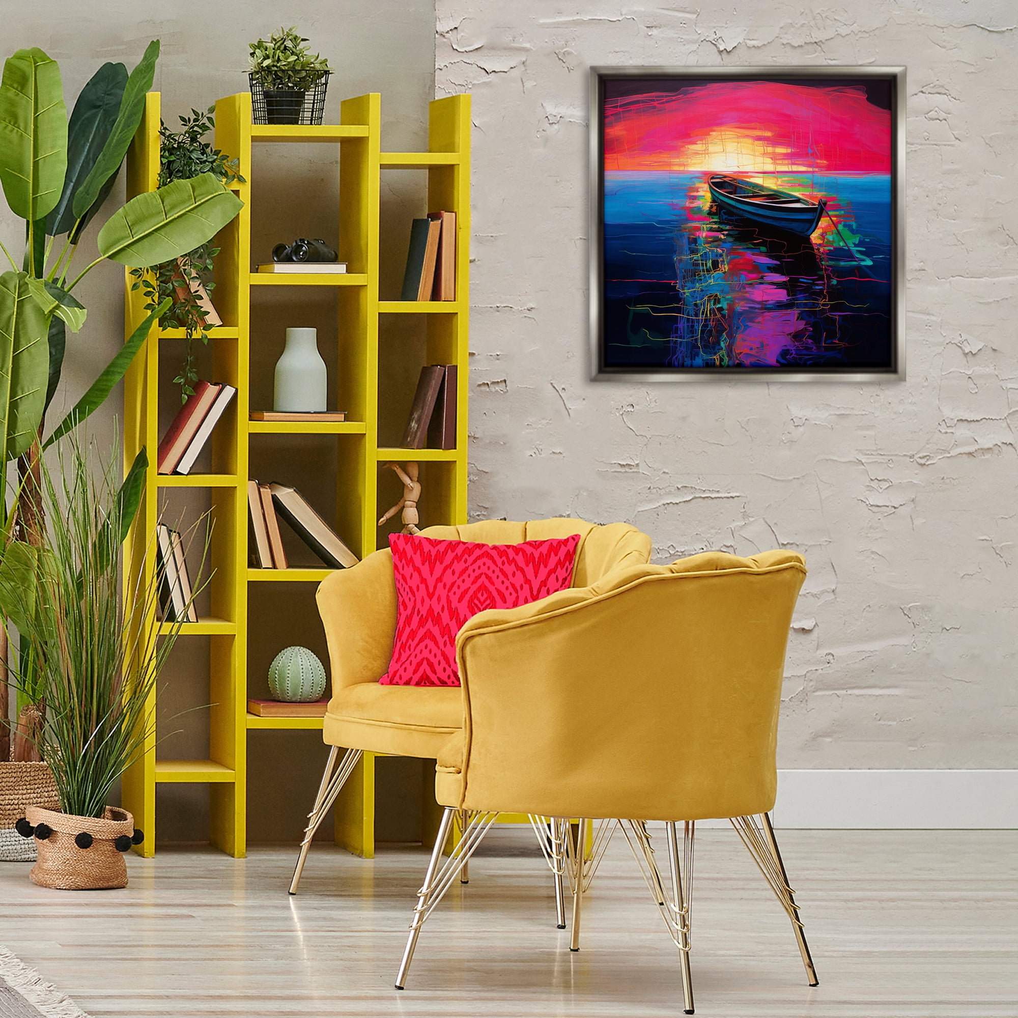 Stupell Industries Boat in Bold Sunset Transportation Painting Gray Floater Framed Canvas Art Print Wall Art, 25 x 25