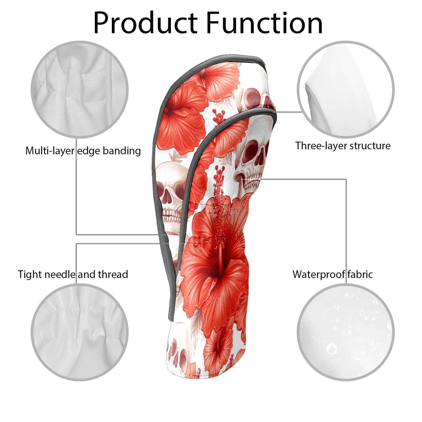 Golf Club Covers PU Leather Waterproof Head Covers for Fairway Woods Hybrids Hibiscus Flower Skull