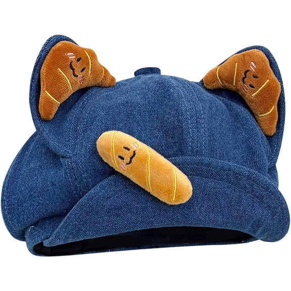 Slccxzc 3D Cat Ear Denim Beret, Flip Brim Foldable Newsboy Cap for Women