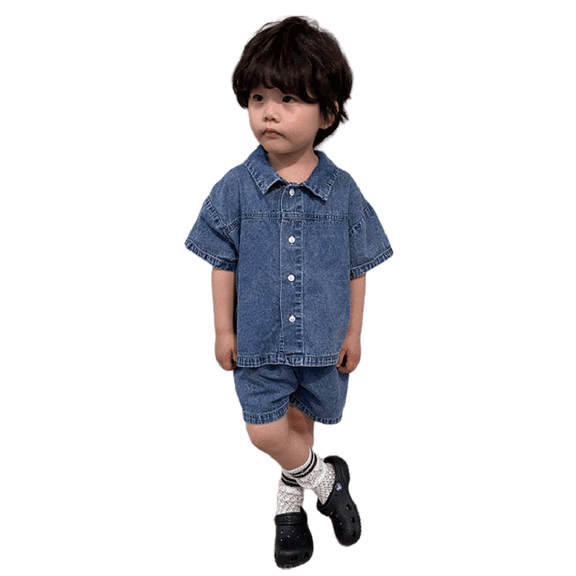 Godderr Kids Boys Girls Denim Outfits,Toddler Short-Sleeved Sibling Brother Sister Outfit,Baby Summer Denim Button-Down Suit for 1-9Y