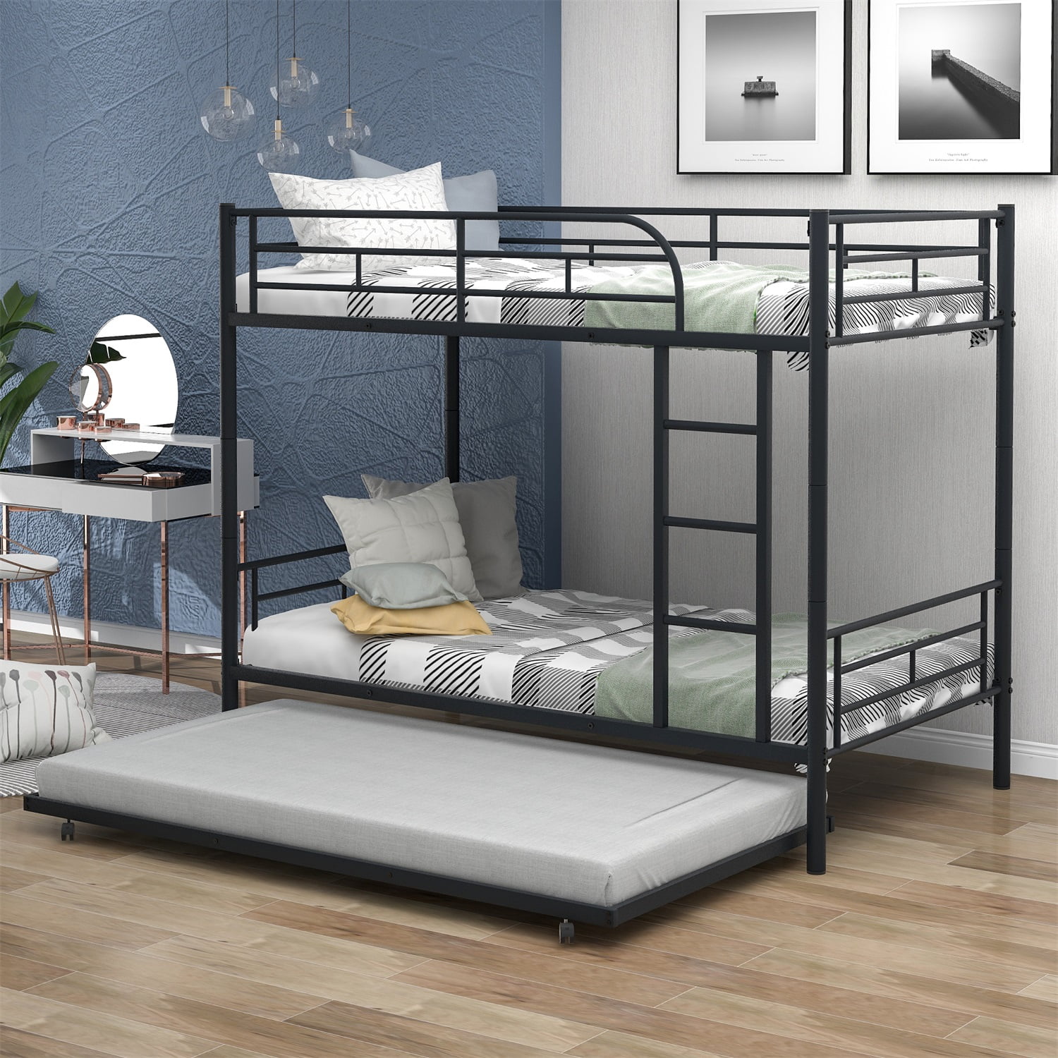 Kadyn Metal Bunk Bed, Twin-Over-Twin Bed with Trundle, Can be Divided into two beds, Modern Bunk Bed Frame for Juniors, Black