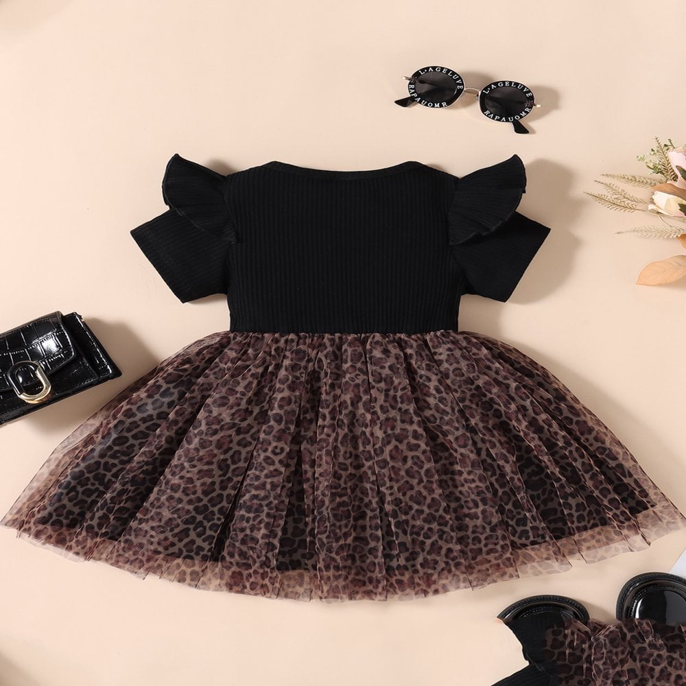 Baby Girls Dress Short Sleeve Leopard Print Bowknot Decor Mesh A line Dress
