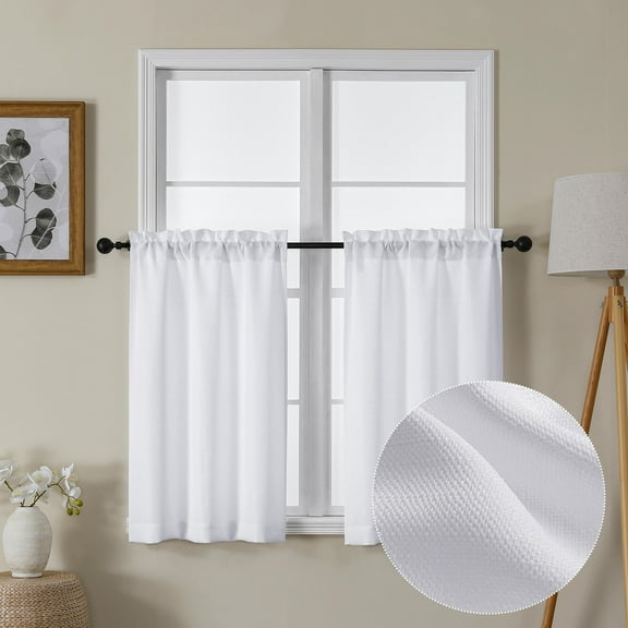 Semi-Sheer Kitchen Curtains 30x36 Inches, 2 Panels Faux Linen Tier Curtains Short, Light Filtering Window Treatments for Bathroom Living Room, White
