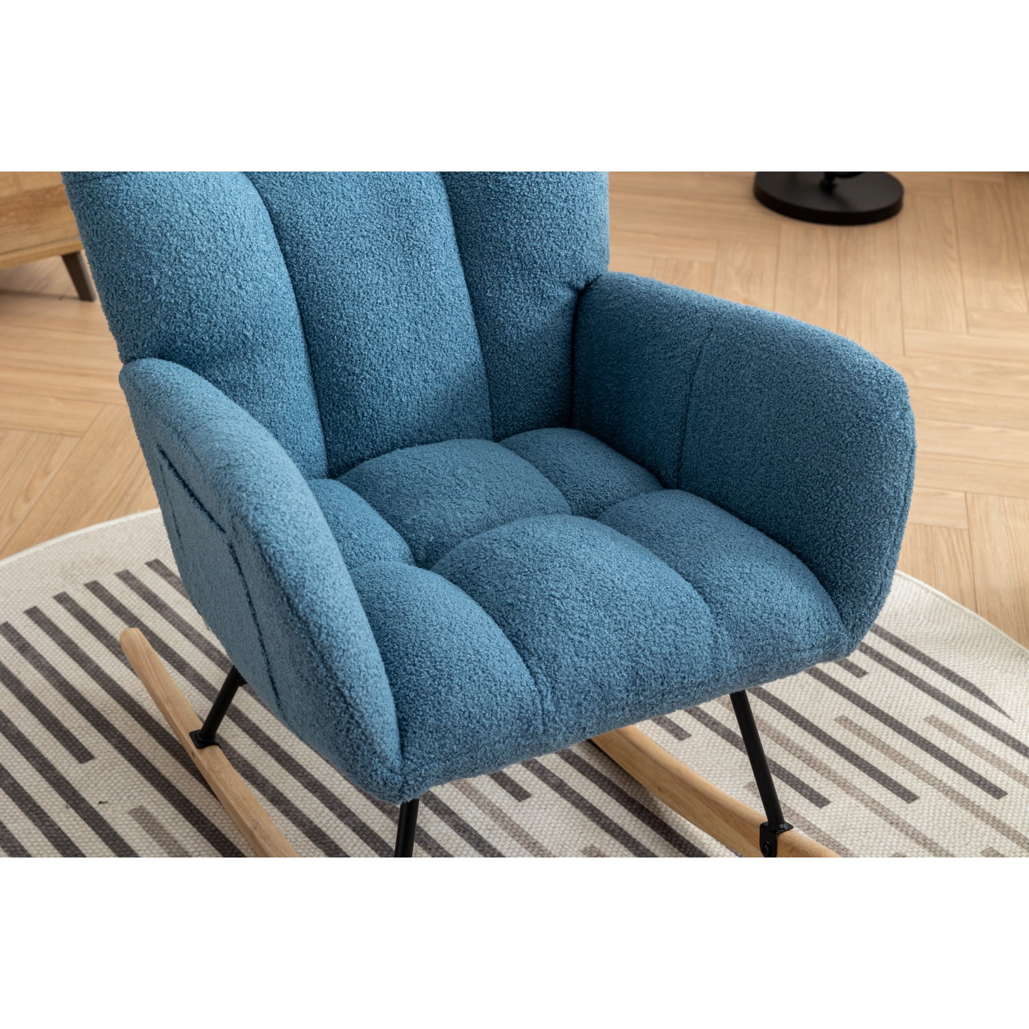 Rocking Chair Nursery,Modern Accent Rocking Chair with High Backrest,Teddy Fabric Upholstered Nursery Glider Rocker for Nursery,Living Room, Bedroom,Blue