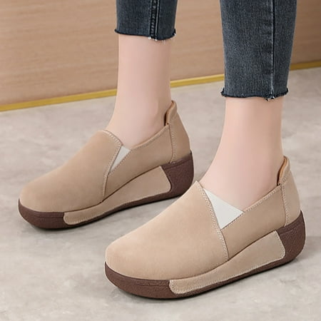 

UIX Autumn Solid Color Round Toe Casual Thick Sole Flock Mid Heel Shake Shoes