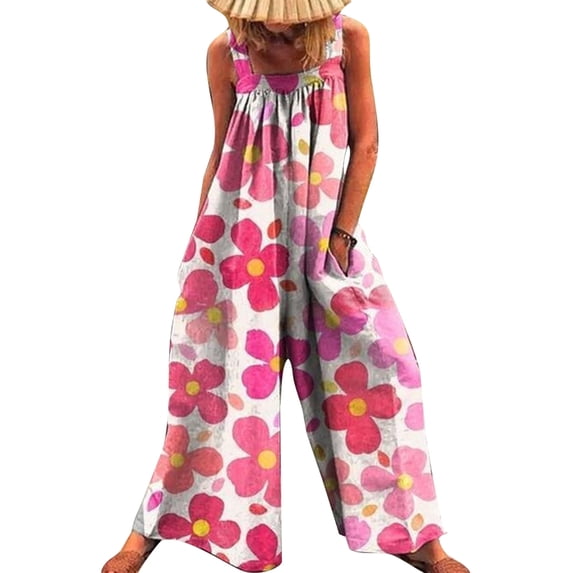 Julycc Womens Cotton Linen Floral Printed Wide Leg Jumpsuit Dungarees Baggy Casual Overalls Pants