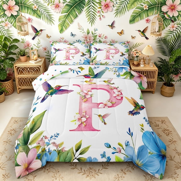 Castle Fairy Floral Letter P Hummingbird Full Size Comforter Sets 3 Pieces for Women,Watercolor Print Bedding Sets