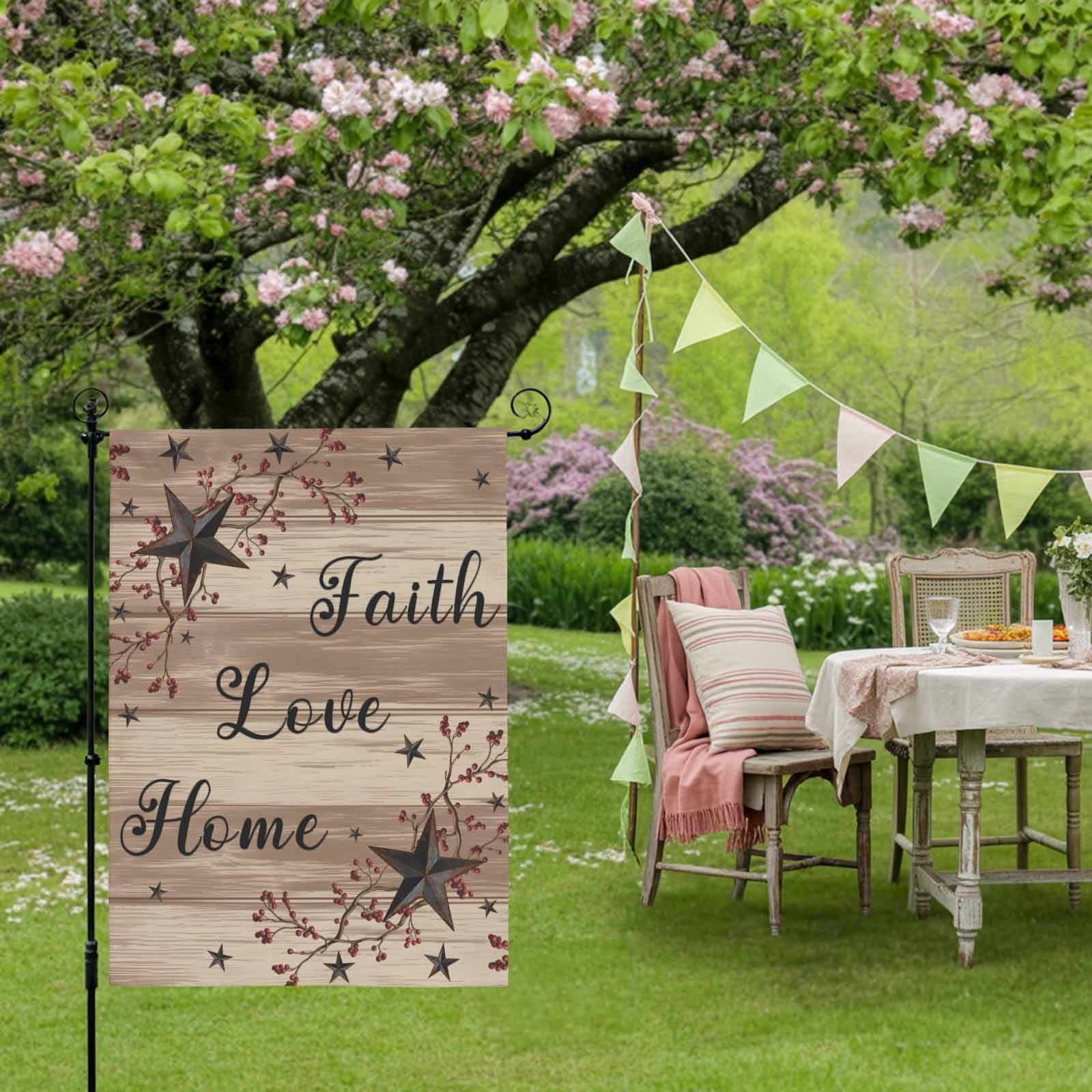 Retro Country Stars House Flags For Outdoor, Faith Love Home Berries Farmhouse Brown Striped Small Double Side Yard Flags Weather Proof House Decor for Lawn Outside Holiday 28 x 40 Inches