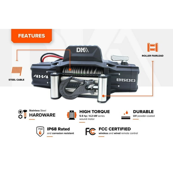 Treuil électrique 4x4 haut de gamme DK2 de 9 500 lb (câble en acier inclus)
