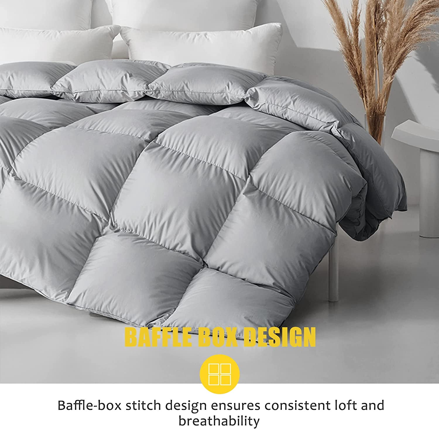 DOMDEC Goose Down Quilted Comforter with Corner Tabs, 100% Cotton Shell Duvet Insert, 450 Fill Power - All Season Grey, Queen Size 90x90 Inches