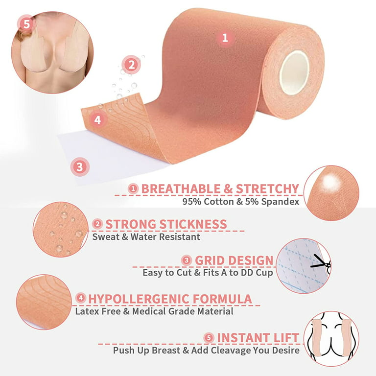 Udaily Boob Tape Boobytape 2.95 Inches Extra Wide Bob Tape for Large Breasts  Kinesiology Tape Breathable Athletic Tape with 4 Pcs Reusable Breast Petals  for A-E Cup