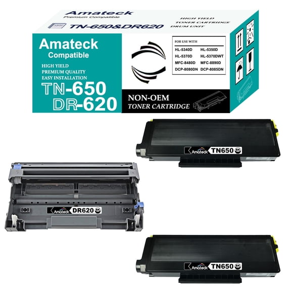 Amateck Compatible Replacement for Brother TN650 DR620 (2 Toner+1 Drum) 3 Pack for MFC-8370, 8480DN, 8680DN, 8690DW, 8880DN, 8890DW, HL-5340D, 5350DN, 5370DW, 5380DN, DCP-8050DN, 8080DN, 8085DN