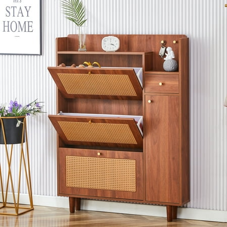 Gzxs Vintage Shoe Cabinet with Flip Rattan Drawers, Wooden Shoe Storage Organizer Shoe Rack for Entryway, Hallway, Living Room (Walnut, 37.4"L x 6.7"W x 49.6"H)