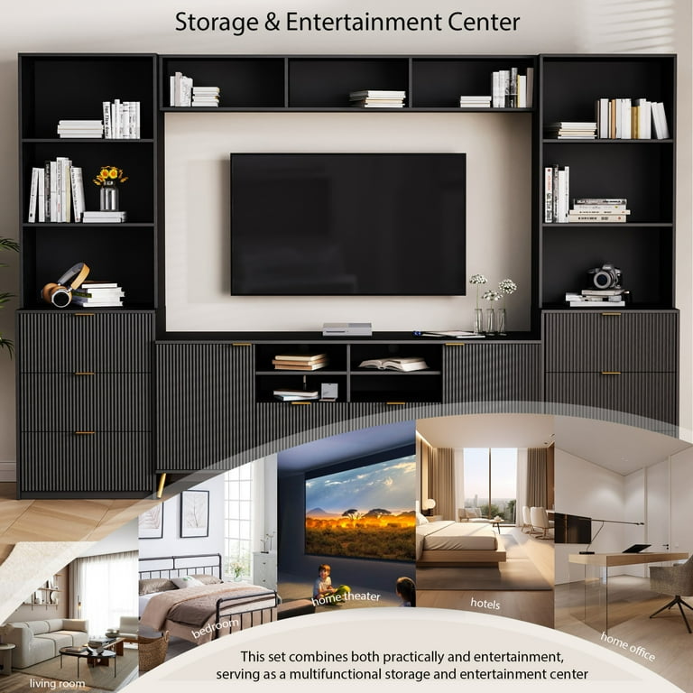 4 Piece Entertainment Wall Unit with 13 Shelves 8 Drawers and 2 Cabinets Multifunctional TV Stand Media Storage Cabinet with Fluted Line Surface for