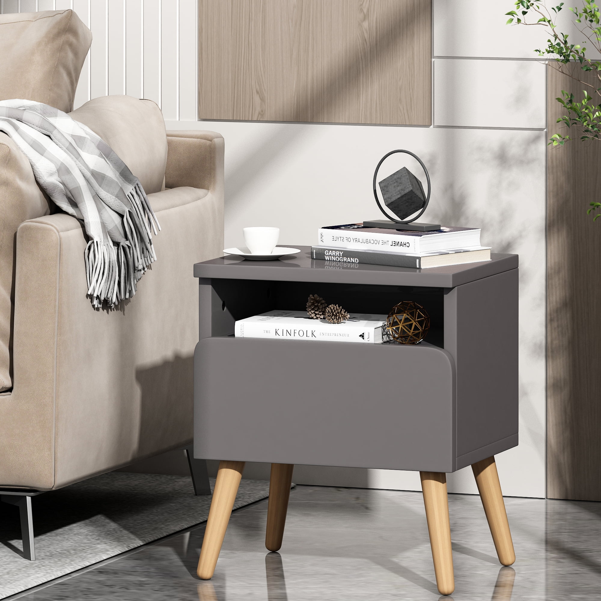 JAXPETY MidCentury Modern 1 Drawer Nightstand Sofa Side Table with