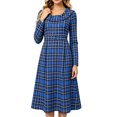 thumbnail image 6 of JUUNthy Women Plaid Midi Dress, Long Sleeve High Waist Pleated A-Line Ruffle Collar Vintage Casual Flowy Dress Purple L, 6 of 15