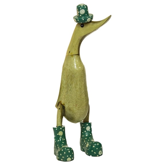9.5 Inch Hand Painted Wooden Duck Figurine with Brightly Colored Polka Dot Rain Boots