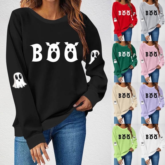 HAOTAGS Women Halloween Sweatshirt, Crewneck Fall Fall Long Sleeve Pullover Tops Graphic Tops Black M