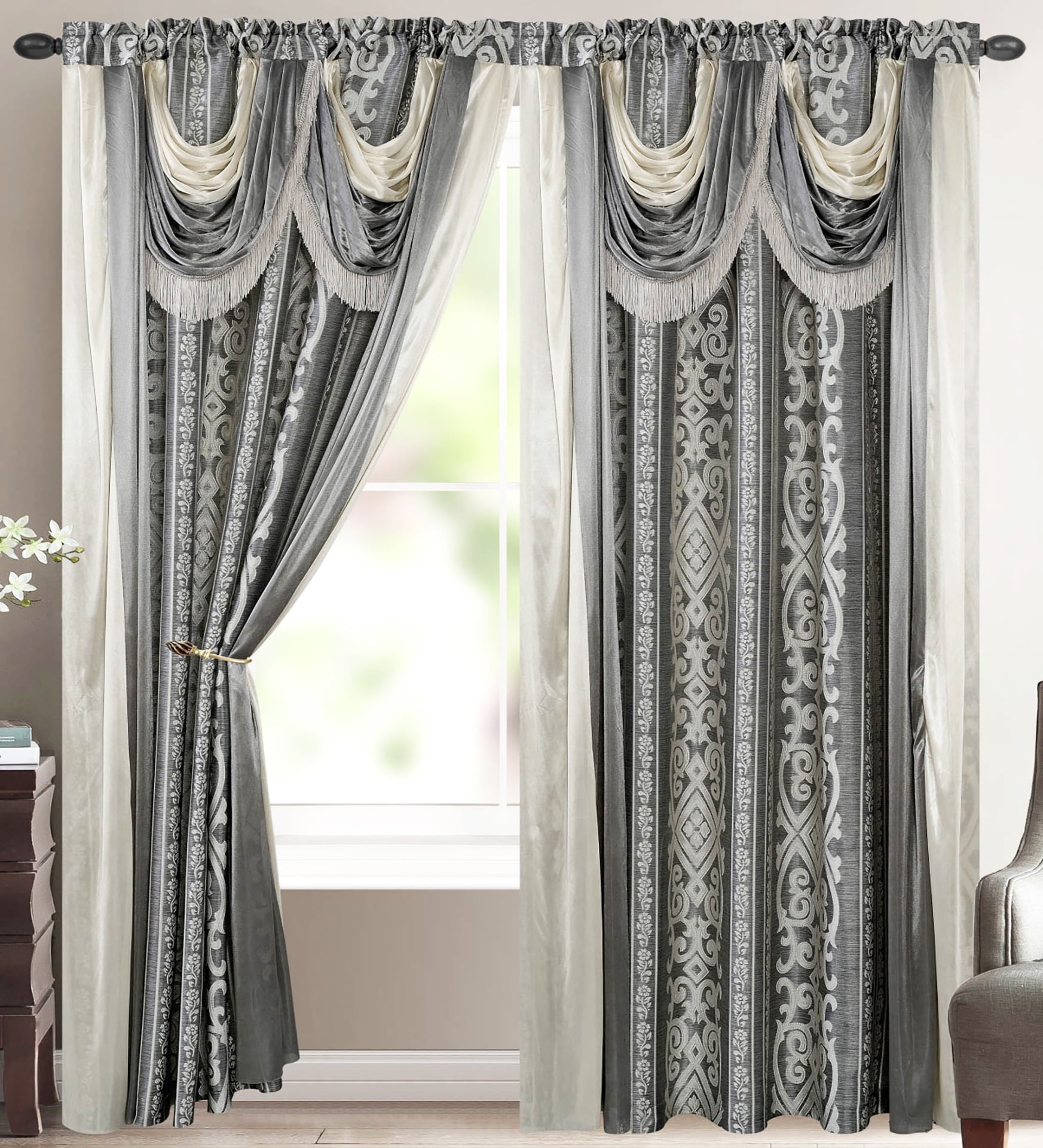 Bella Luxury Jacquard Curtain Panel with Attached Waterfall Valance & Scarf 54 w 
