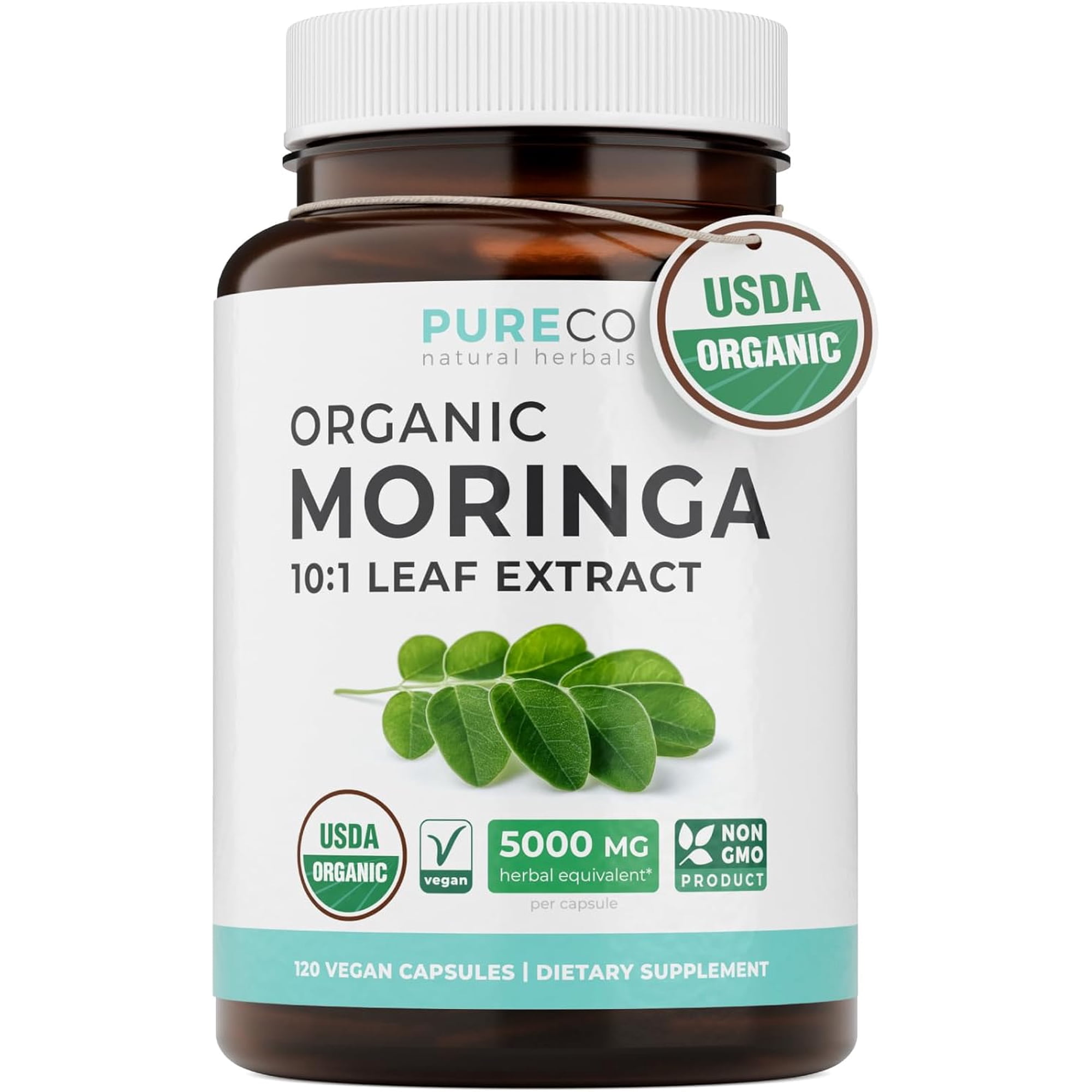 USDA Organic Moringa Capsules - High Potency and Nutrient-Dense Green Superfood Antioxidant, Moringa Extract 10:1 per Capsule serving, Pure Co, 120ct