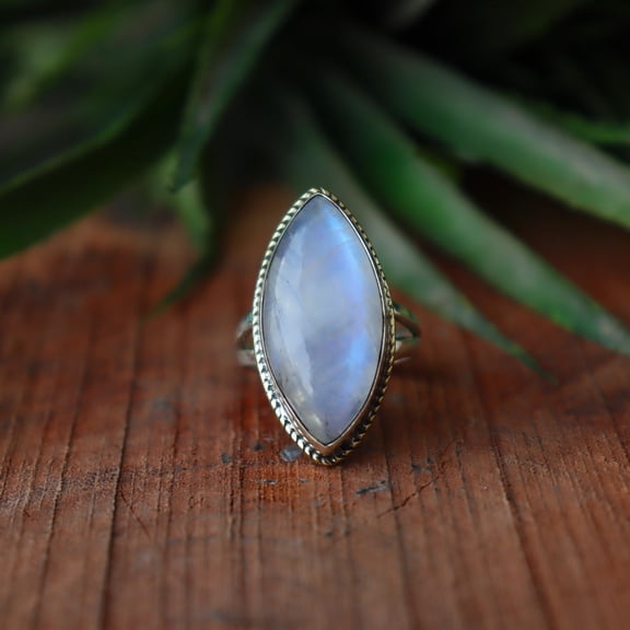 Blue Fire Moonstone Ring, Split Band Ring, Marquise Cut Stone Ring, Statement Ring, 925 Sterling Silver, June Birthstone, Natural Moonstone*