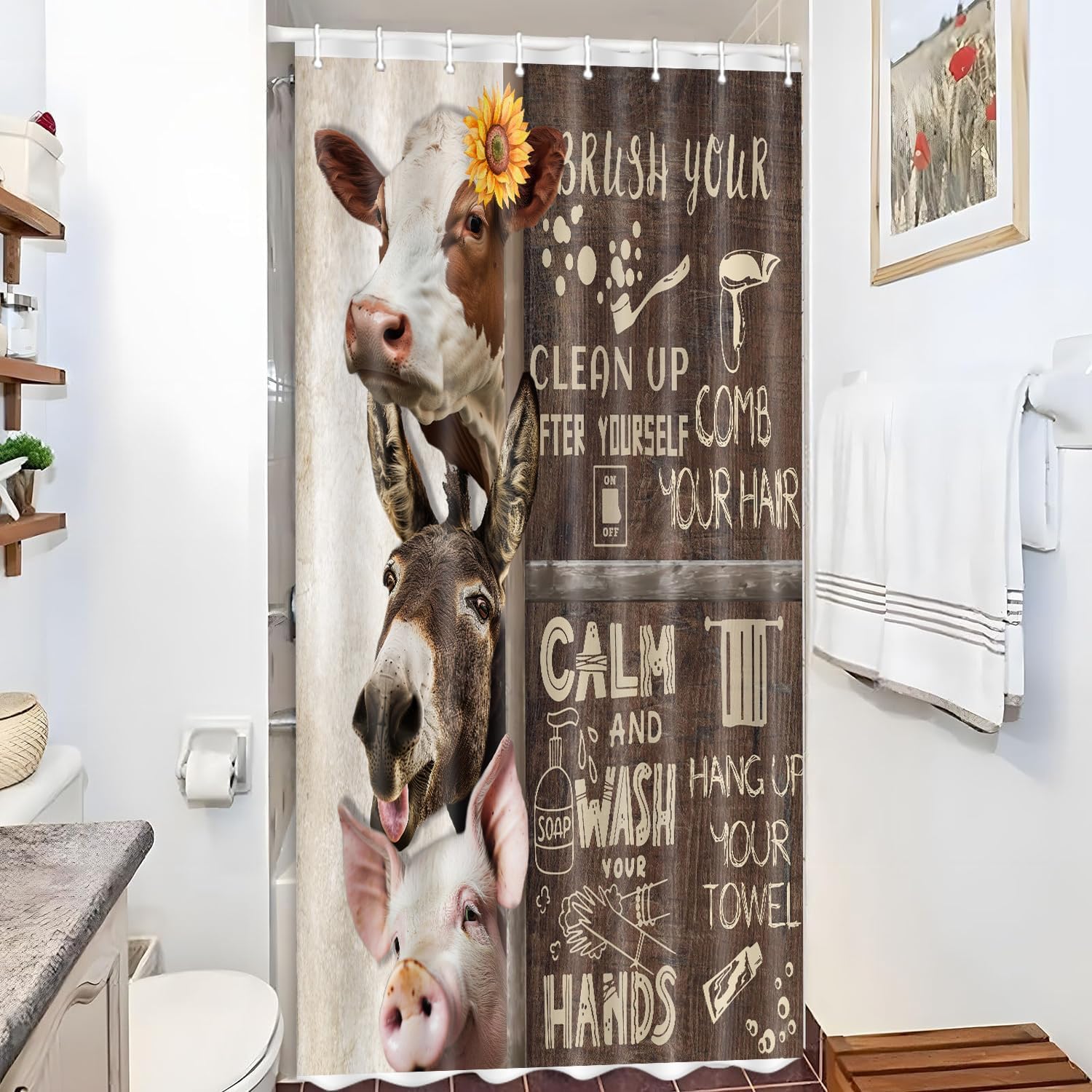 Funny Farmhouse Shower Curtain, Rustic Bathroom Rules Shower Curtain Set for Bathroom, Adults Animal Fabric Shower Curtain Restroom Bathtub Decor Accessories with Hooks 36X 72 inch
