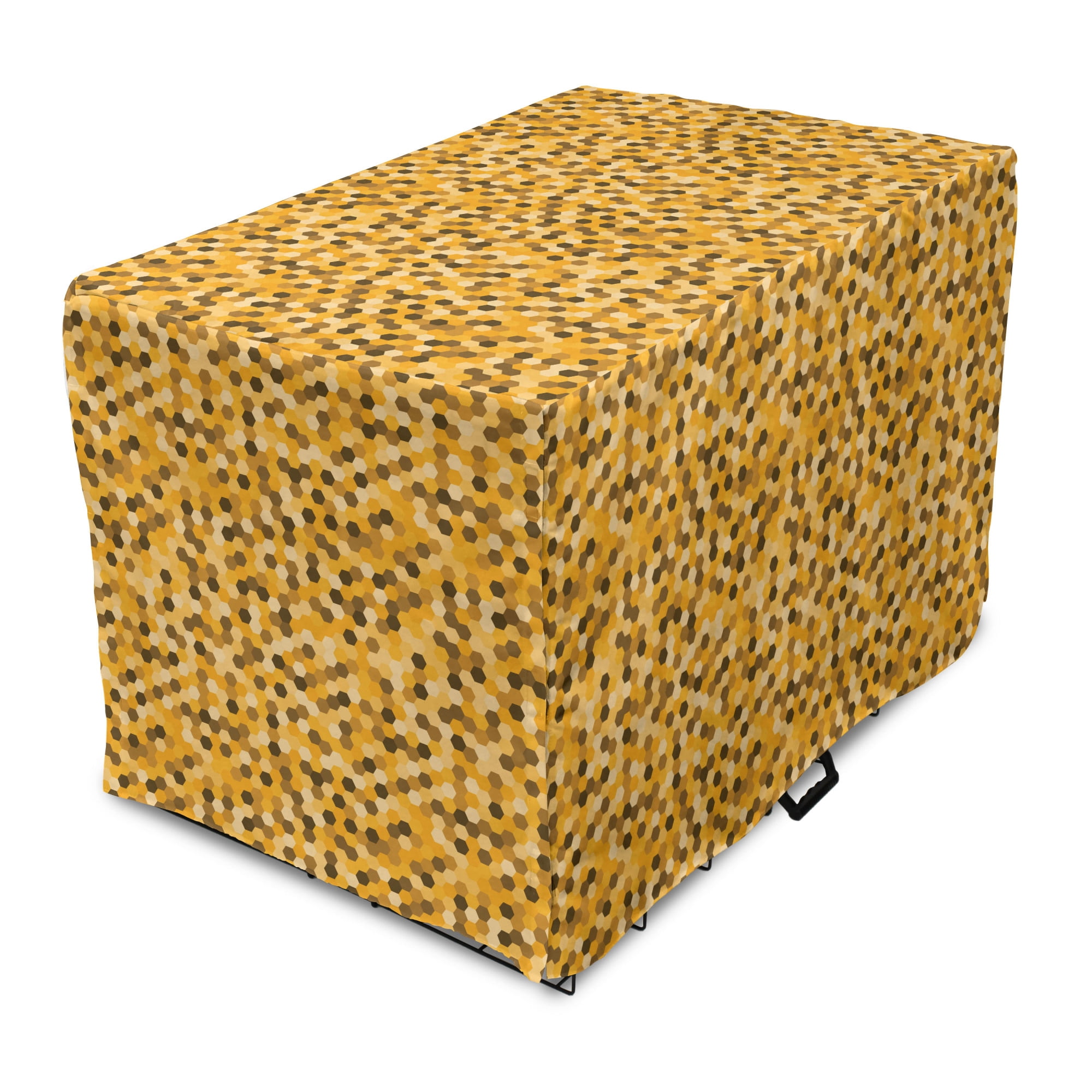 Image showcasing Yellow Brown Dog Crate Cover, Retro Style Hexagonal Shapes Honeycomb ...