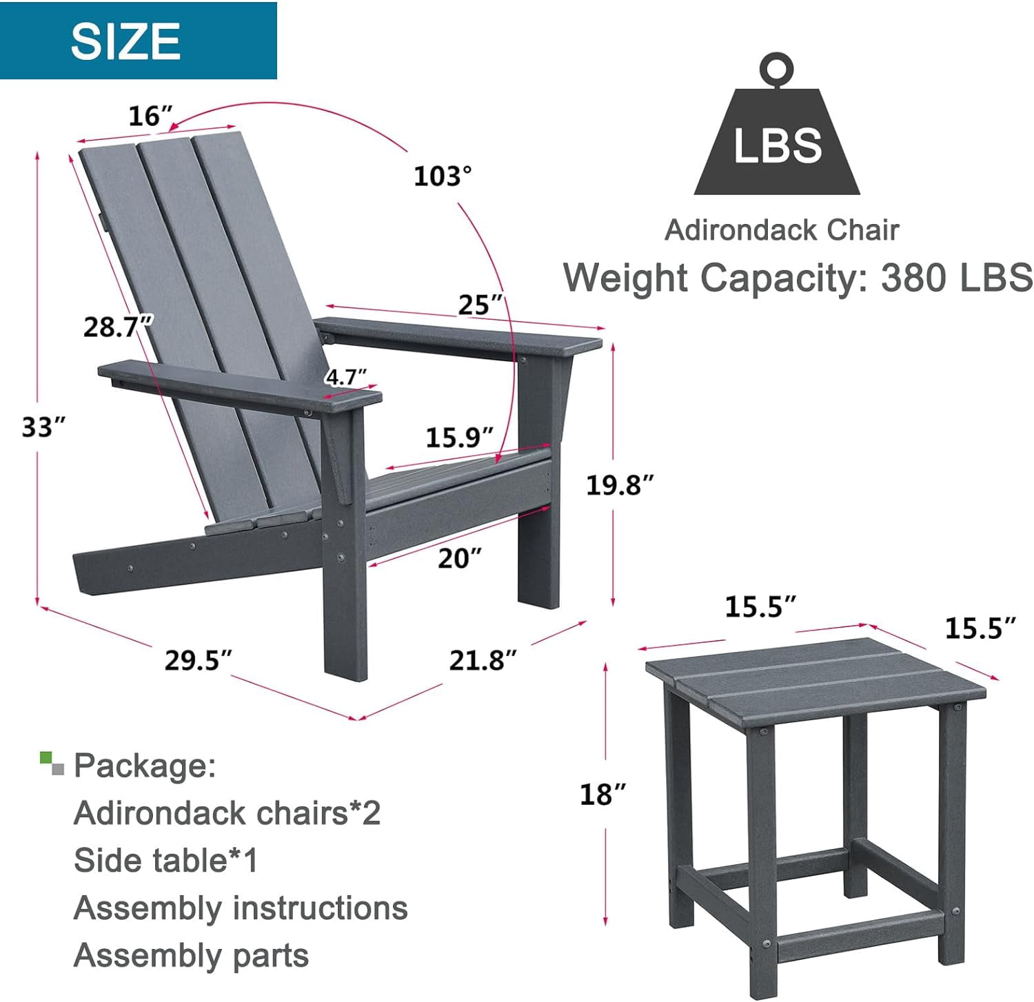 ATR ART TO REAL HDPE Plastic Resin Patio Adirondack Chair Set with Side Table, Dark Grey - 3 Pieces