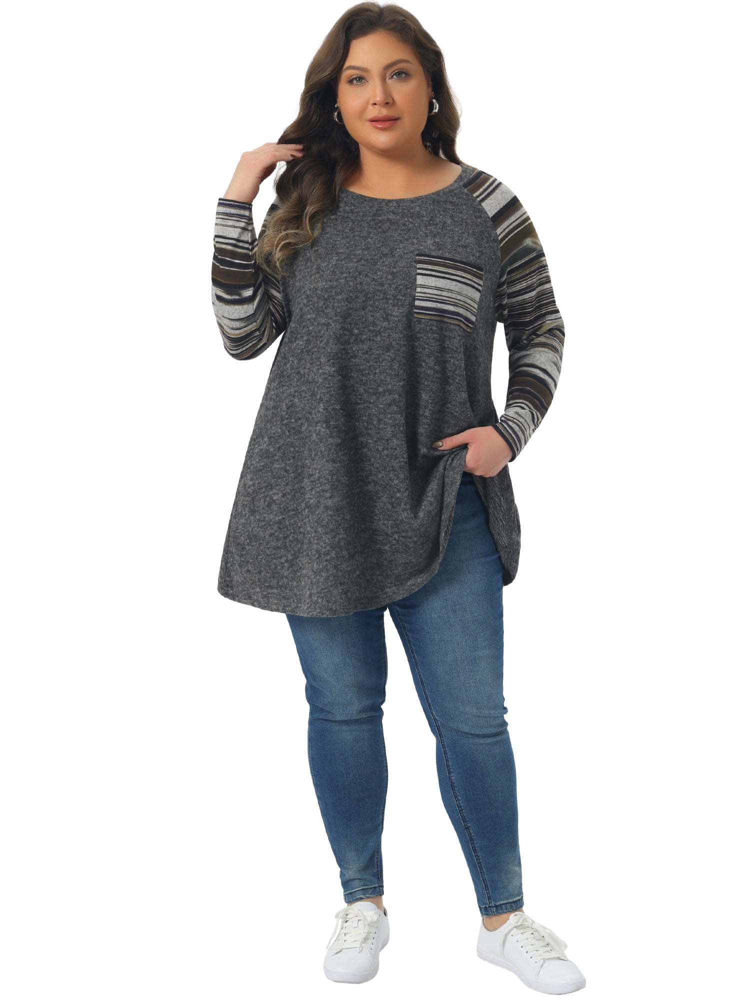 DARING DIVA Women's Plus Size Long Sleeve Color Block Knit Tunic 3X Gray