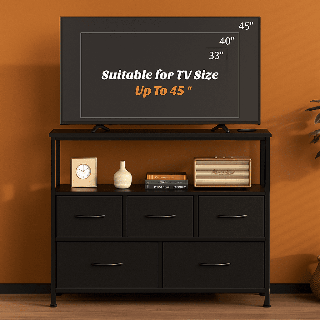 Blazezo TV Stand with 5 Fabric Drawers, Modern Dresser for Bedroom Living Room, Wood Entertainment Center for up to 45 inch TV, Storage Organizer Console Table with Shelf for Small Spaces (Black)