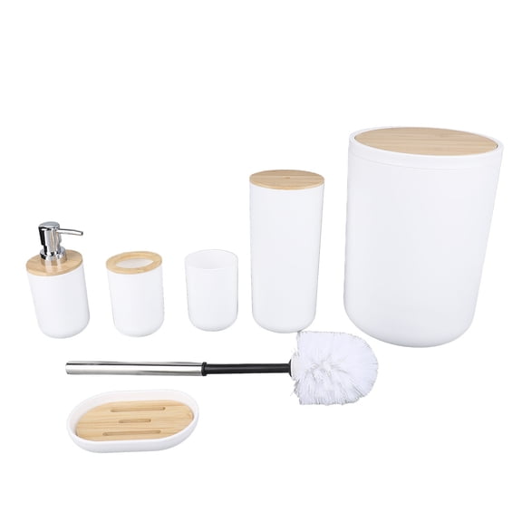 BIMZUC 6-Piece Bathroom Set with Bamboo Lid, PP Trash Can with Soap Dispenser and Toilet Brush for Home