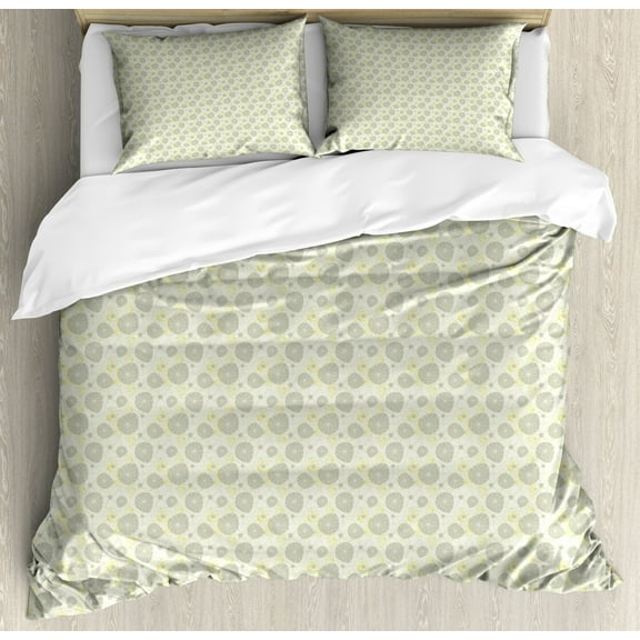 Floral King Size Duvet Cover Set, Thriving Spring Garden Design with Sketch Flowers Seasonal Flowers, Decorative 3 Piece Bedding Set with 2 Pillow Shams, Ivory Off White and Yellow, by Ambesonne