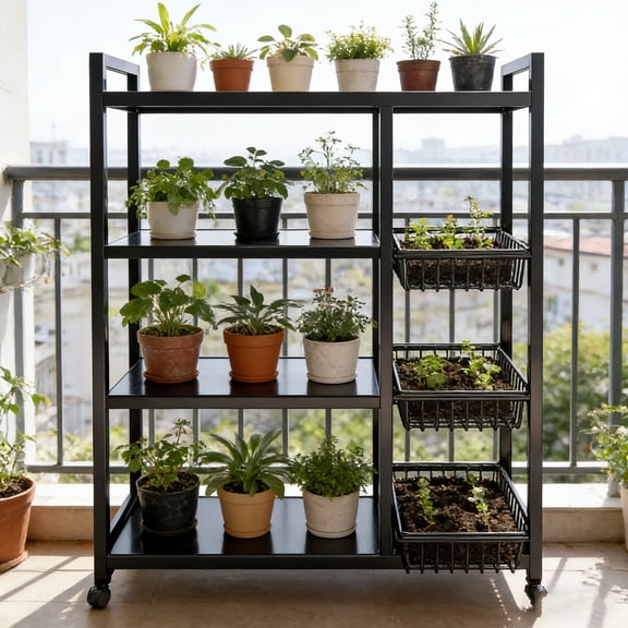 MOONXIAN Heavy-Duty 4-Tier Storage Shelf with 3 Baskets and Wheels, Metal Shelves Organizer for Kitchen, Bathroom, Office, Garage, 31.5''L*12.6''W*42.5''H