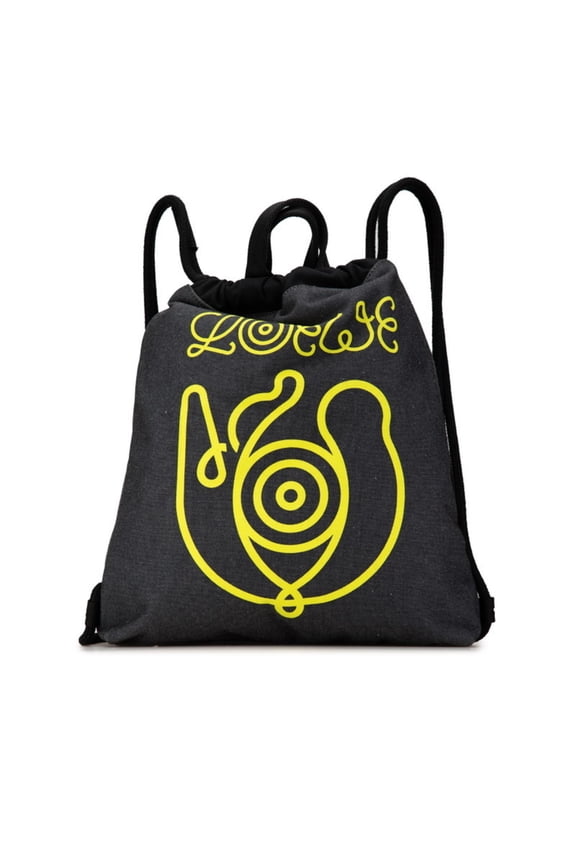 Pre-Owned LOEWE Anagram Drawstring Bag Knapsack Grey Black Denim Cotton Women's