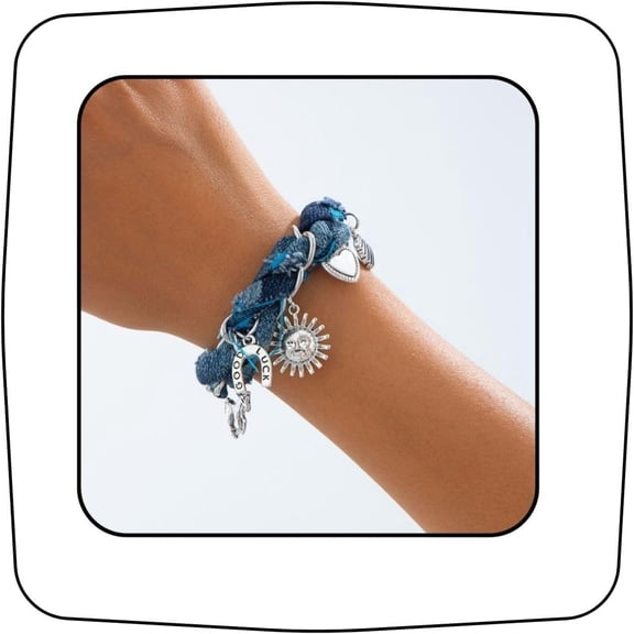 SELIVO Denim Braided Charm Bracelet Sun Shell Boot Heart Pendants Blue Retro Silver Ethnic Wrist Chain for Women Denim Braided denim jewelry