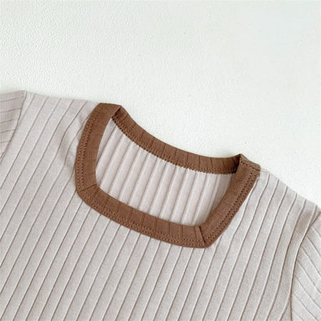 

nsendm Toddler Baby Boys Girls Ribbed Patchwork Short Ruffled Sleeve T Shirt New Born Boy Outfits for Pics Childrenscostume Khaki 12-18 Months