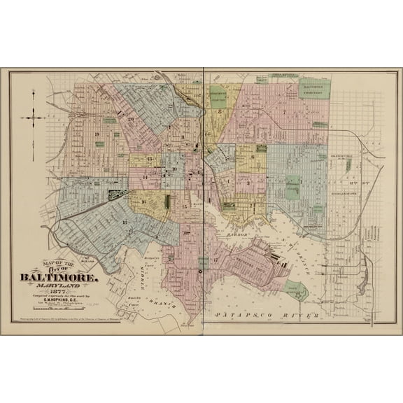 24"x36" Gallery Poster, Map of the City of Baltimore, Maryland 1878