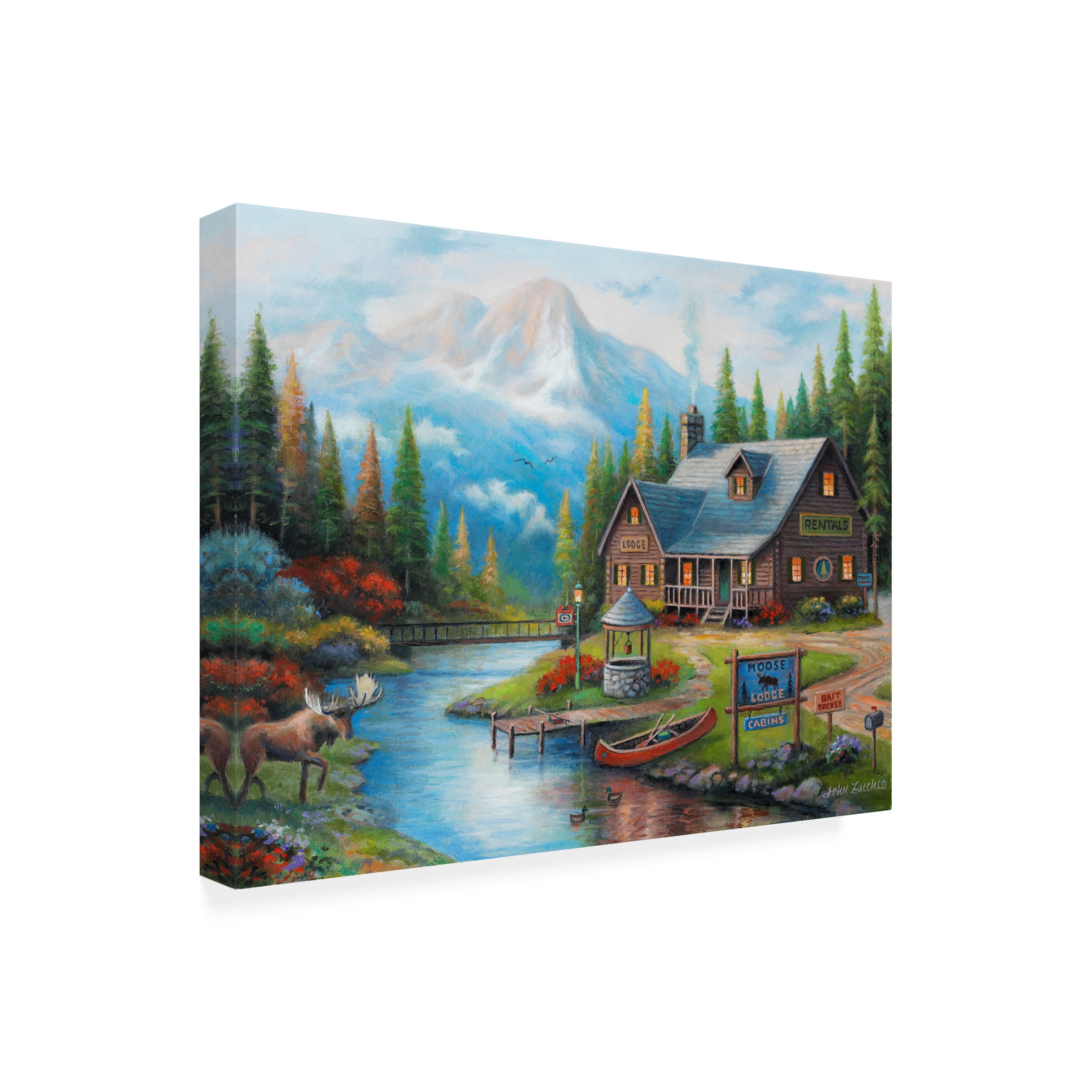 Canvas Wall Art - John Zaccheo 'Moose Creek Lodge' Wall Art for Living Room, Bedroom, or Office Décor by Trademark Fine Art - 32 x 24 Inches